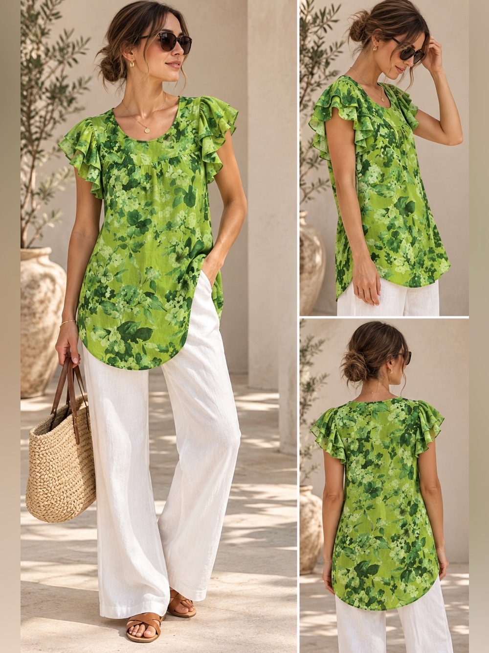 100% Linen Green Floral Ruffle Sleeve Tunic Top C&C California